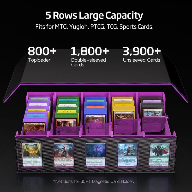 MORCCO Trading Card Storage Box 5-Row 3900+ Capacity,TCG MTG Card Case with Magnetic Lid & Commander Display,Top Loader Storage for Sports Cards,Includes Dividers Dice Box（Black Purple） - Image 3